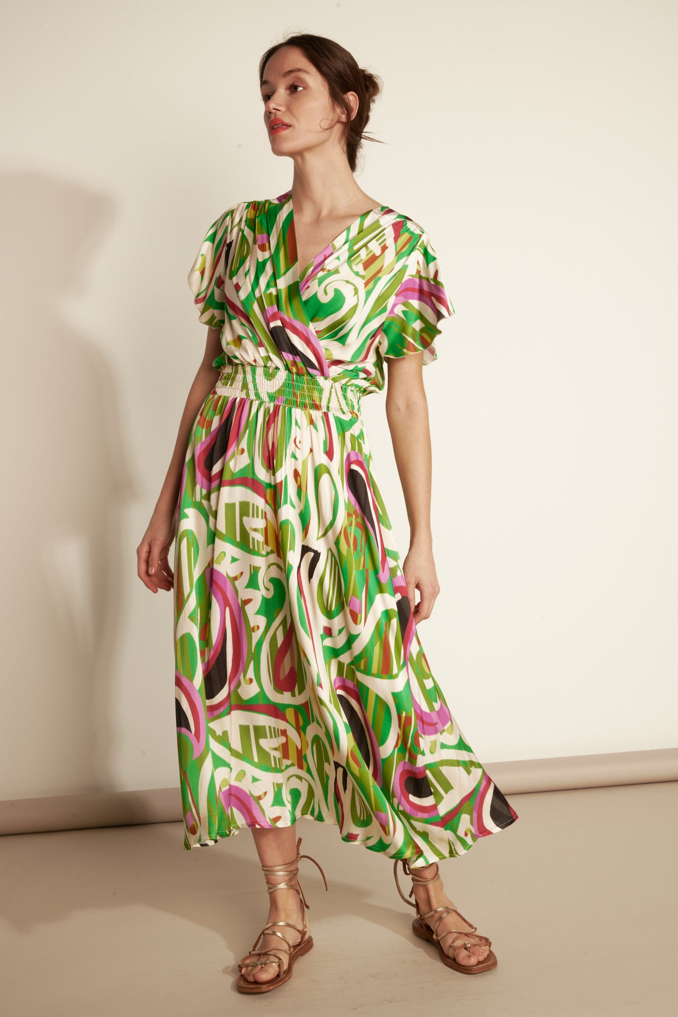 GLAM PRINT MIDI SMOKEE DRESS - PISLEY GREEN