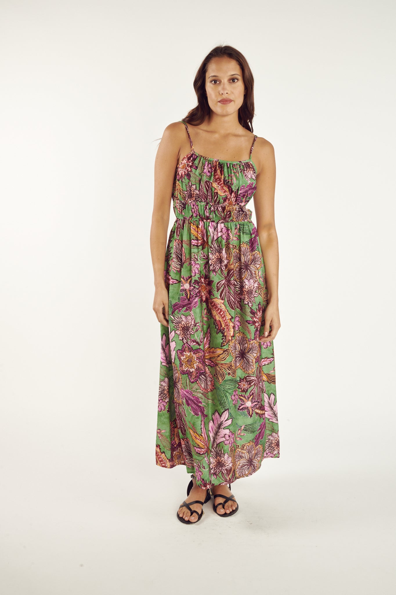 Lower Robe Robe longue imprimé vert flower Clémentin – Pako Litto
