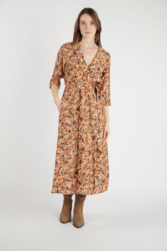 ROBE LONGUE CACHE COEUR DAYA IMPRIMÉ FLOWER CHOCO