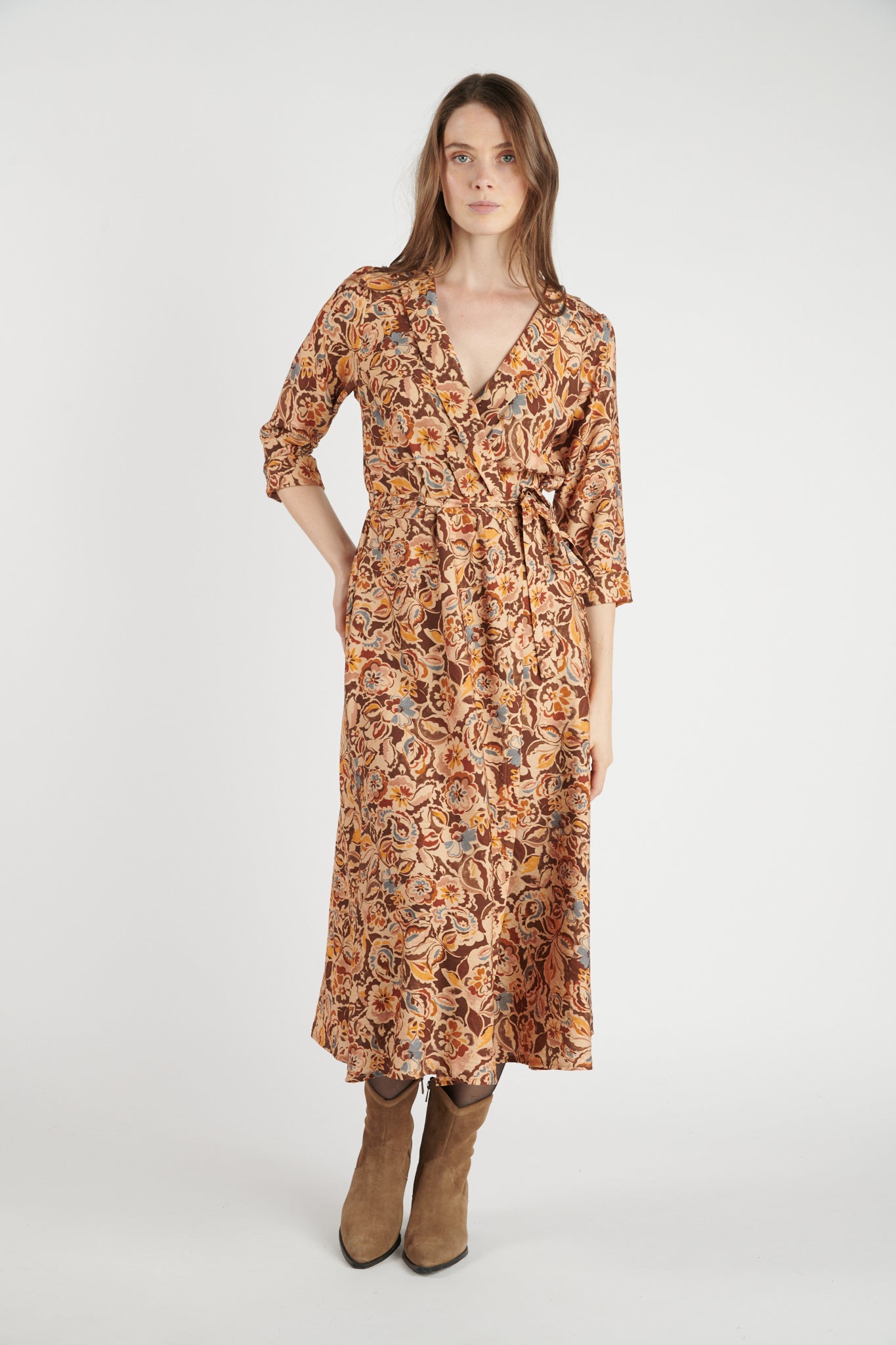 ROBE LONGUE CACHE COEUR DAYA IMPRIMÉ FLOWER CHOCO