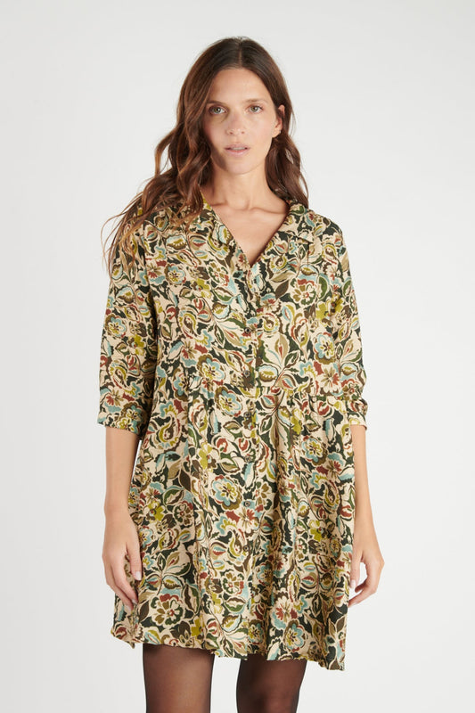 ROBE COURTE DERYA IMPRIMÉ FLOWER KAKI