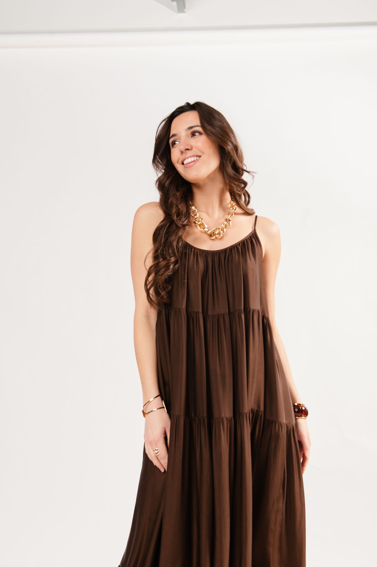 ROBE LONGUE À VOLANTS FAUSTINE CHOCOLAT