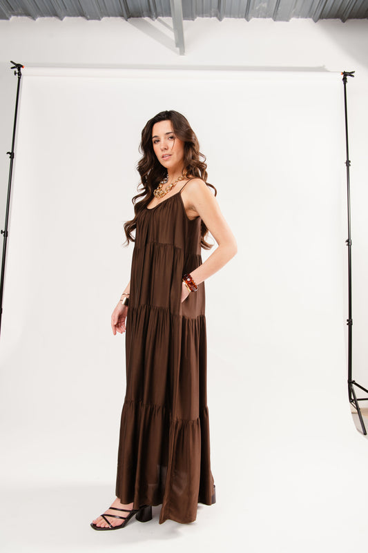 ROBE LONGUE À VOLANTS FAUSTINE CHOCOLAT