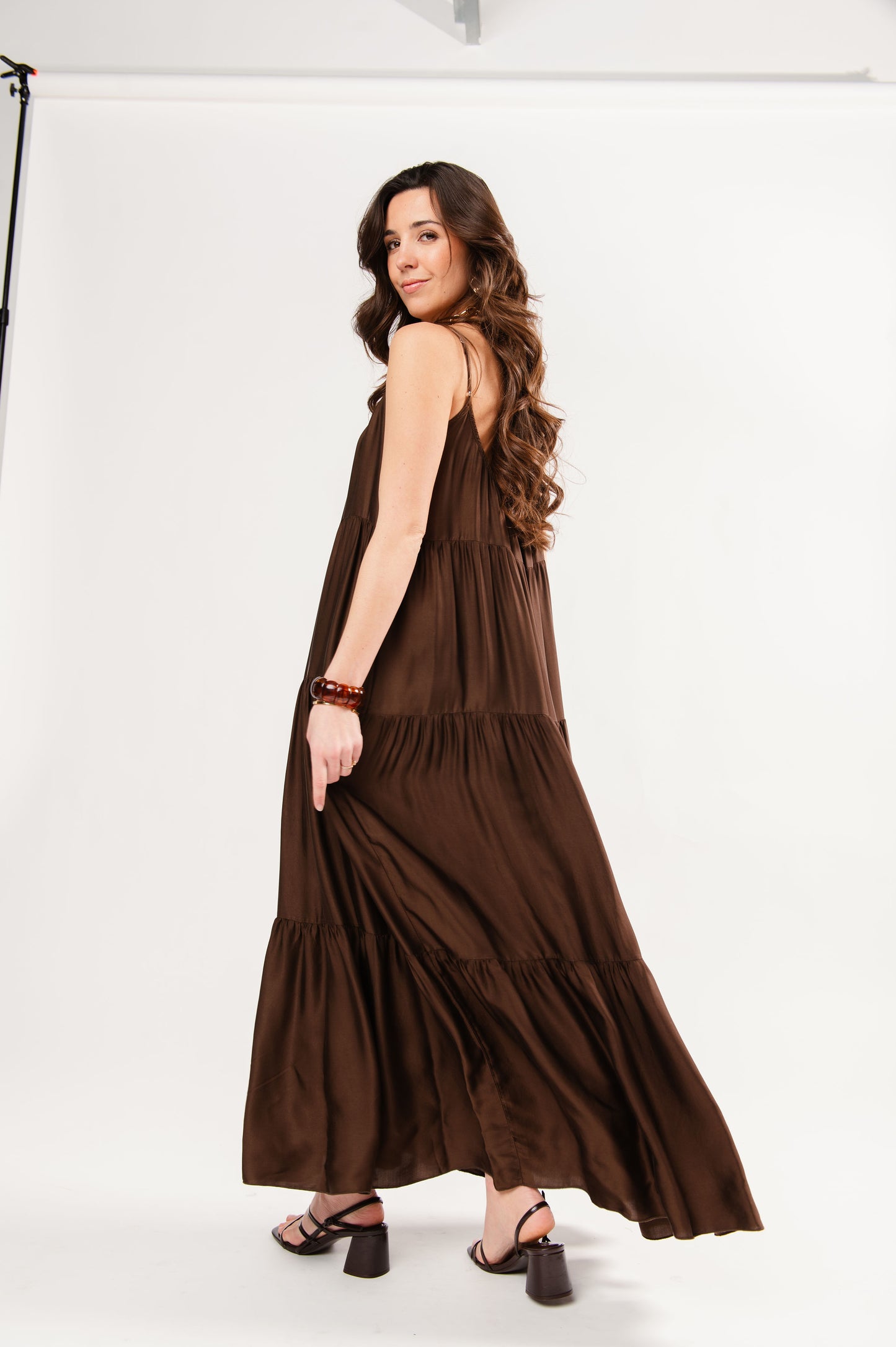 ROBE LONGUE À VOLANTS FAUSTINE CHOCOLAT
