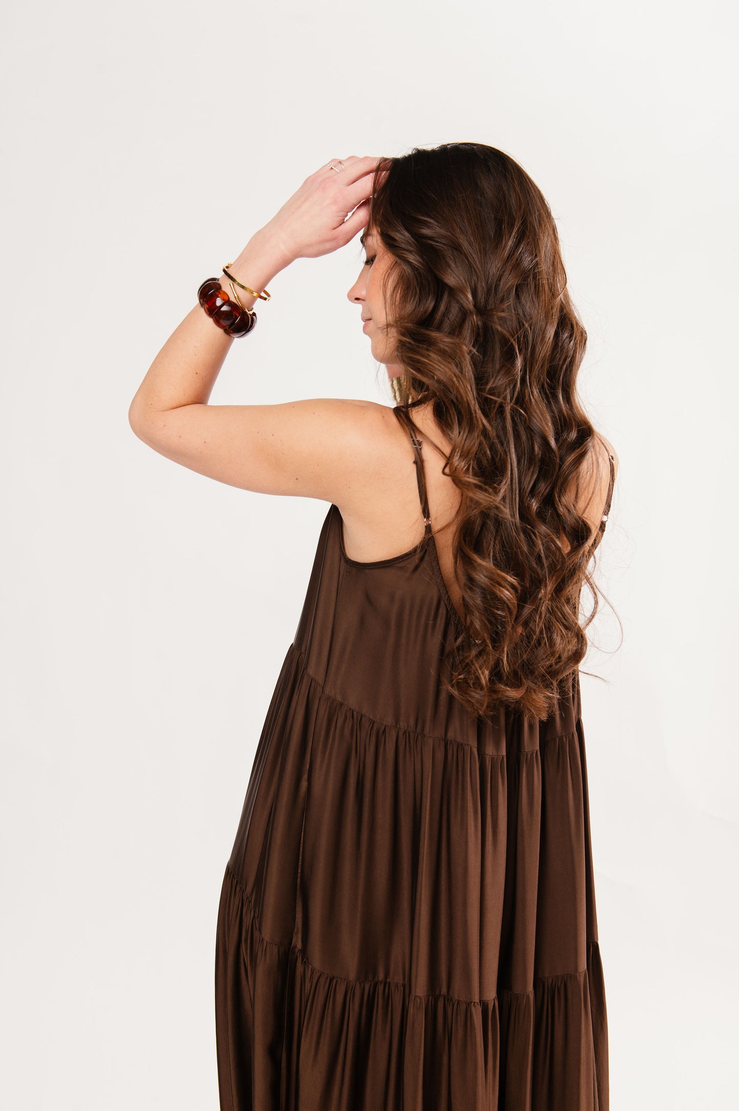 ROBE LONGUE À VOLANTS FAUSTINE CHOCOLAT
