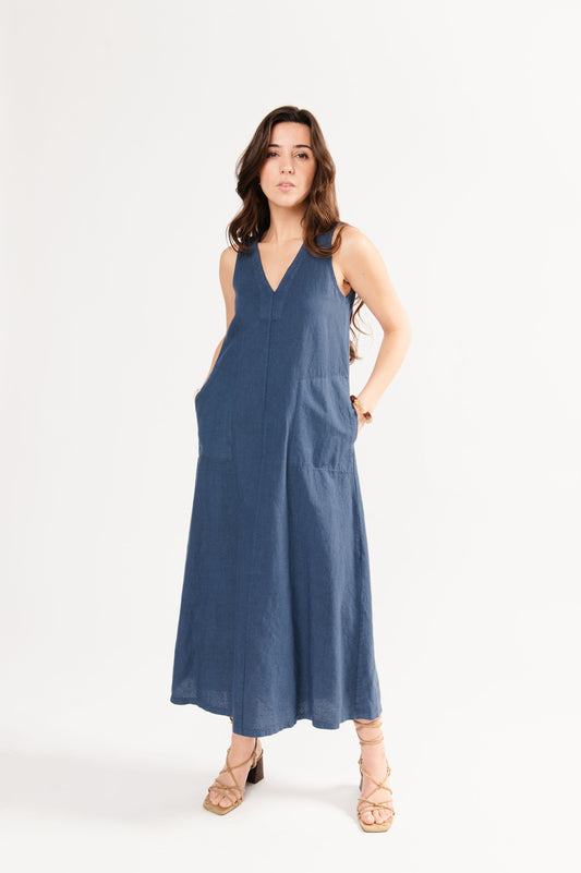 ROBE LONGUE EN LIN FÉLIX BLEU