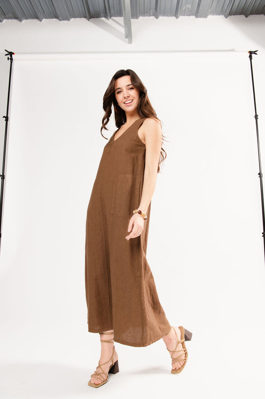 ROBE LONGUE EN LIN FÉLIX MARRON