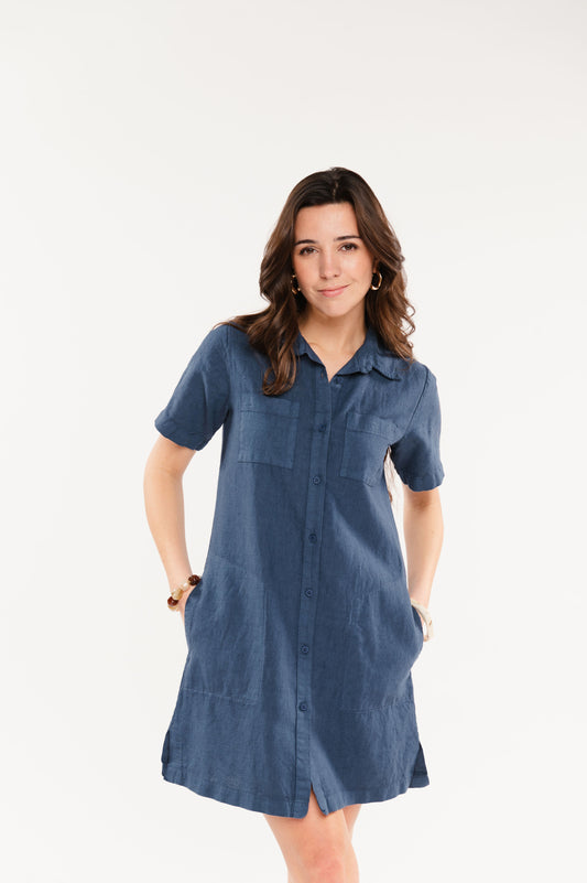 ROBE CHEMISE EN LIN FRANCESCO BLEU