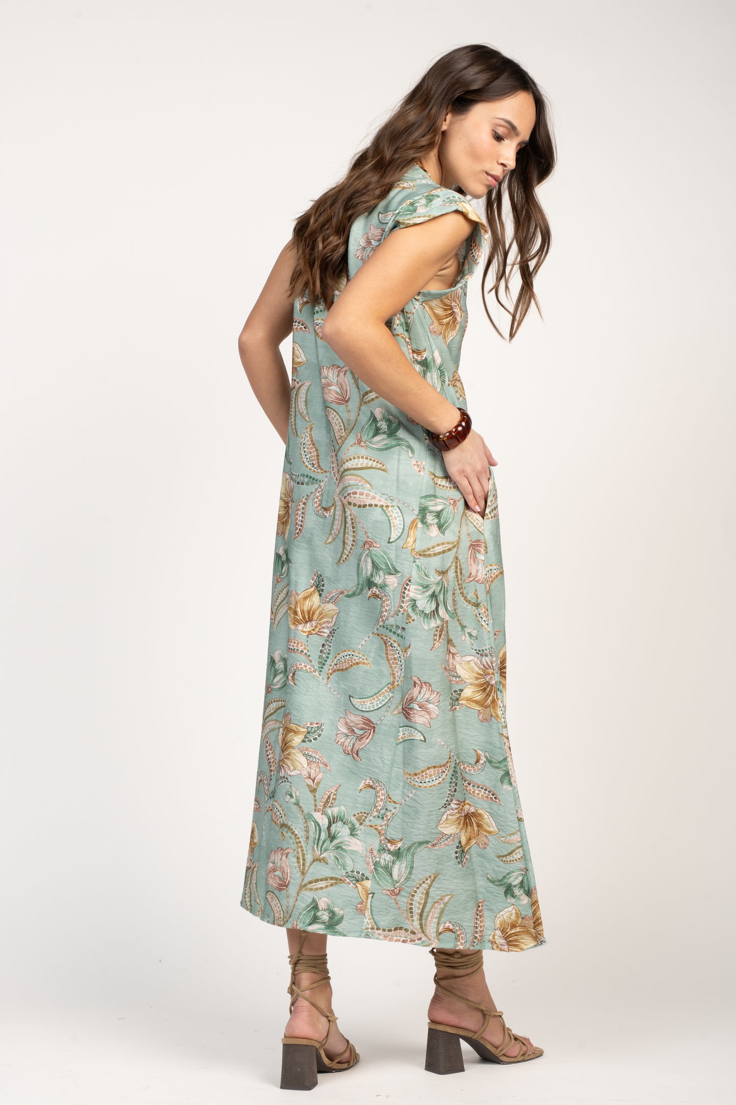 ROBE LONGUE À FLEURS FÉLICIE VERT D'EAU