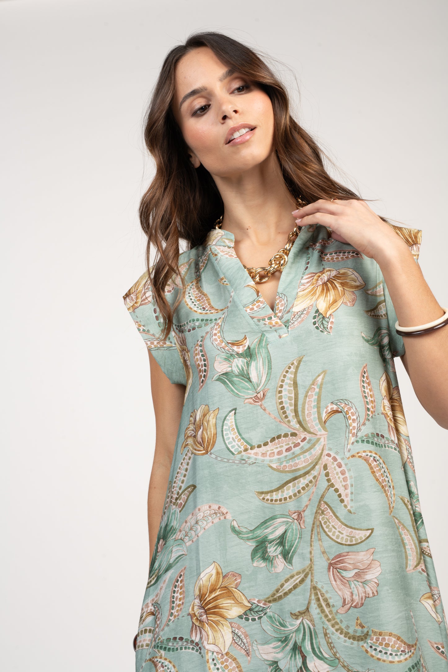 ROBE LONGUE À FLEURS FÉLICIE VERT D'EAU