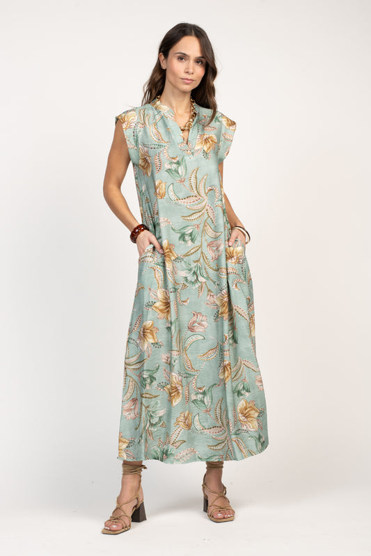 ROBE LONGUE À FLEURS FÉLICIE VERT D'EAU