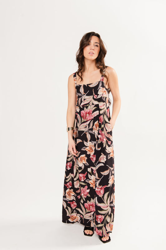 ROBE LONGUE À BRETELLE FLEURIE NOIRE FELICIA