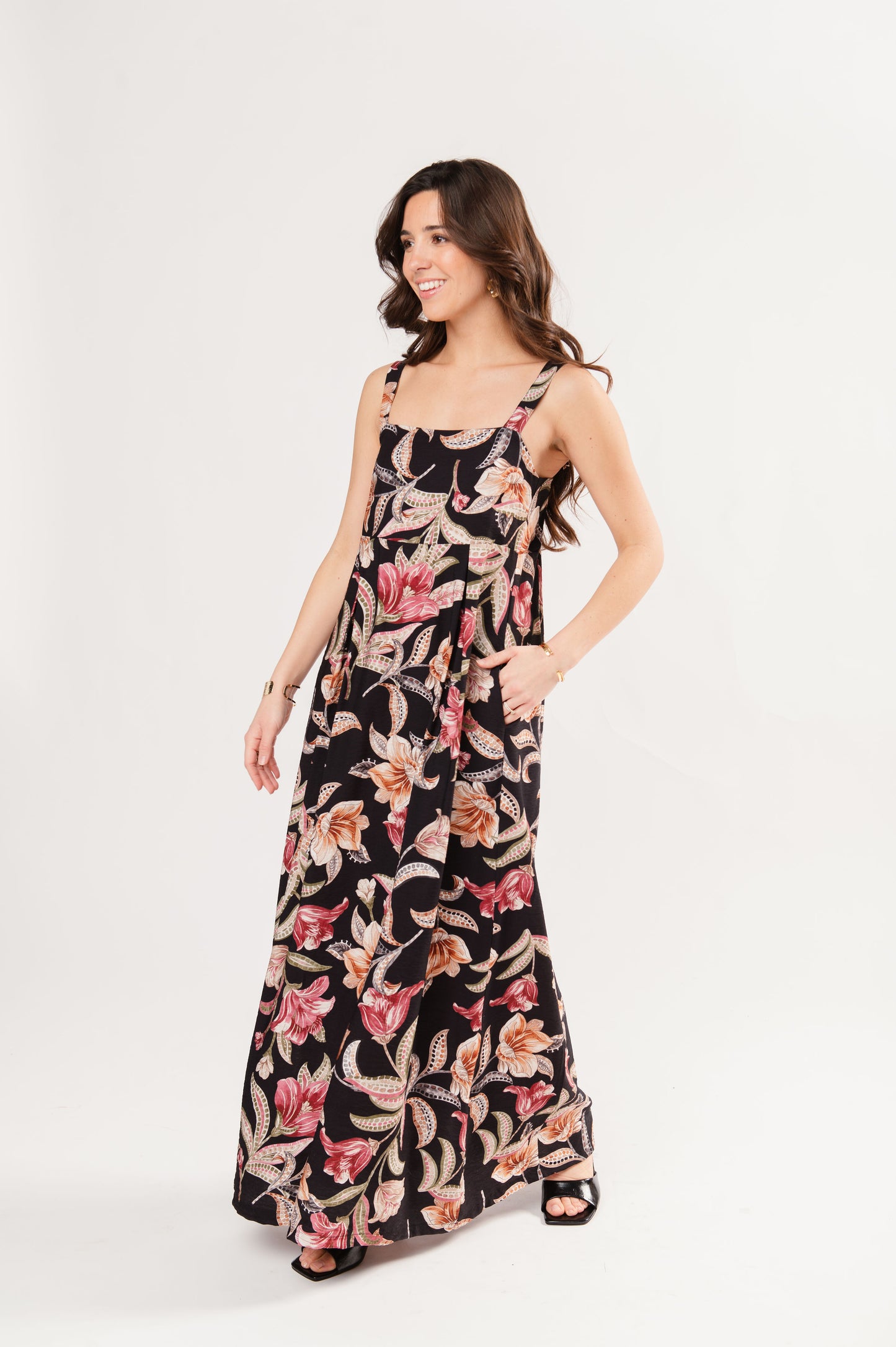 ROBE LONGUE À BRETELLE FLEURIE FELICIA NOIRE