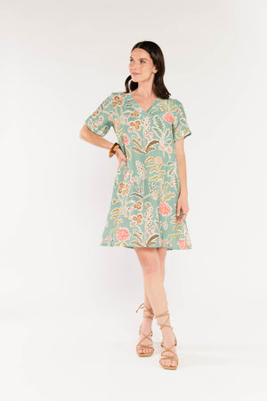 ROBE À FLEURS ÉMILE VERT D'EAU