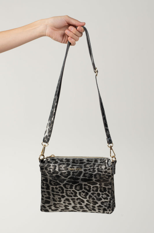 POCHETTE DOUBLE PORTO LEOPARD ARGENT