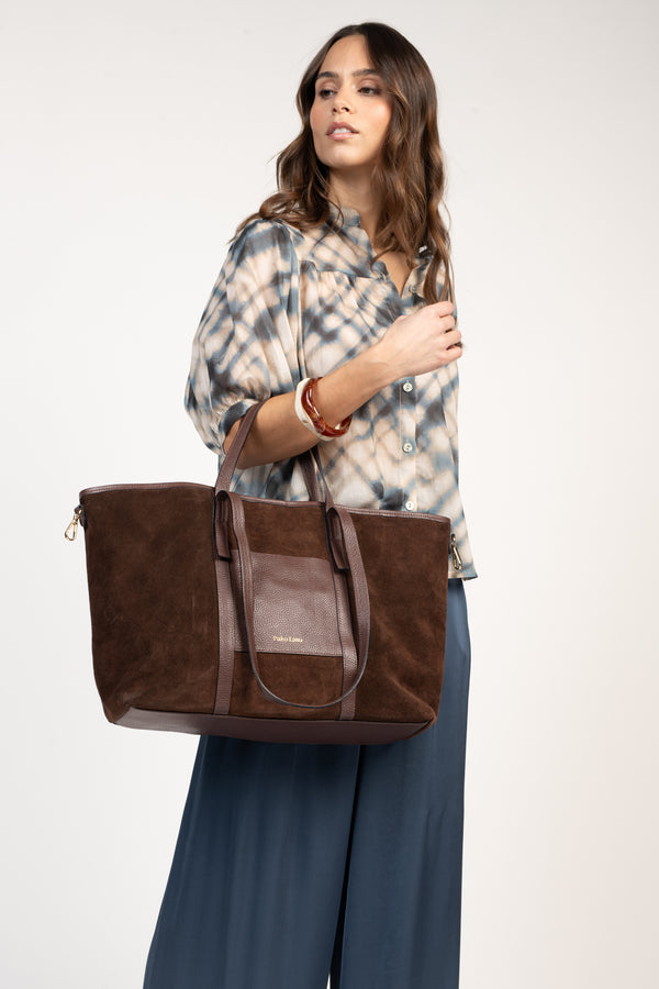 SAC GRAND  CABAS DAIM/CUIR - CHOCO