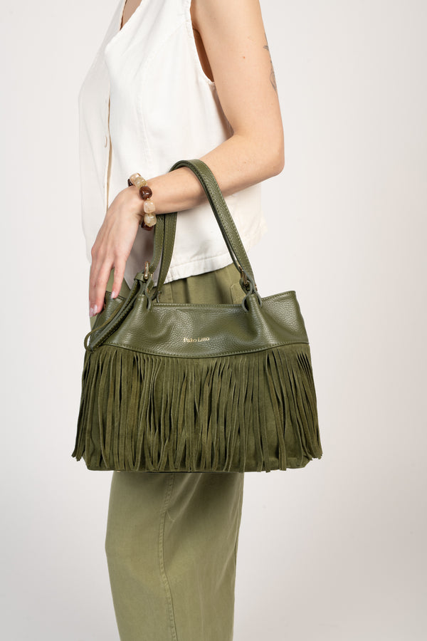 SAC EN CUIR À FRANGES KAKI ÉMERIC