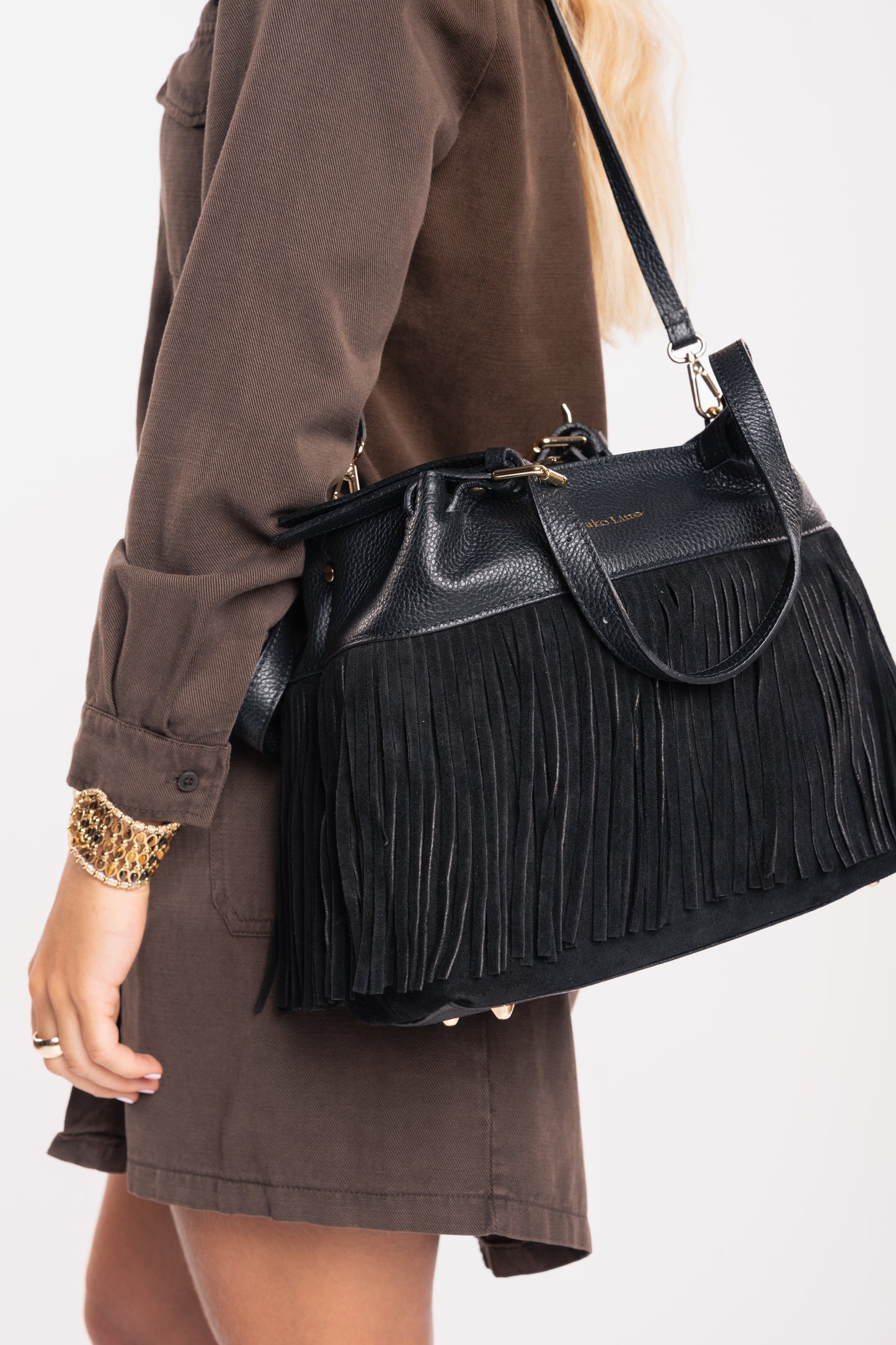Sac en cuir à franges noir 