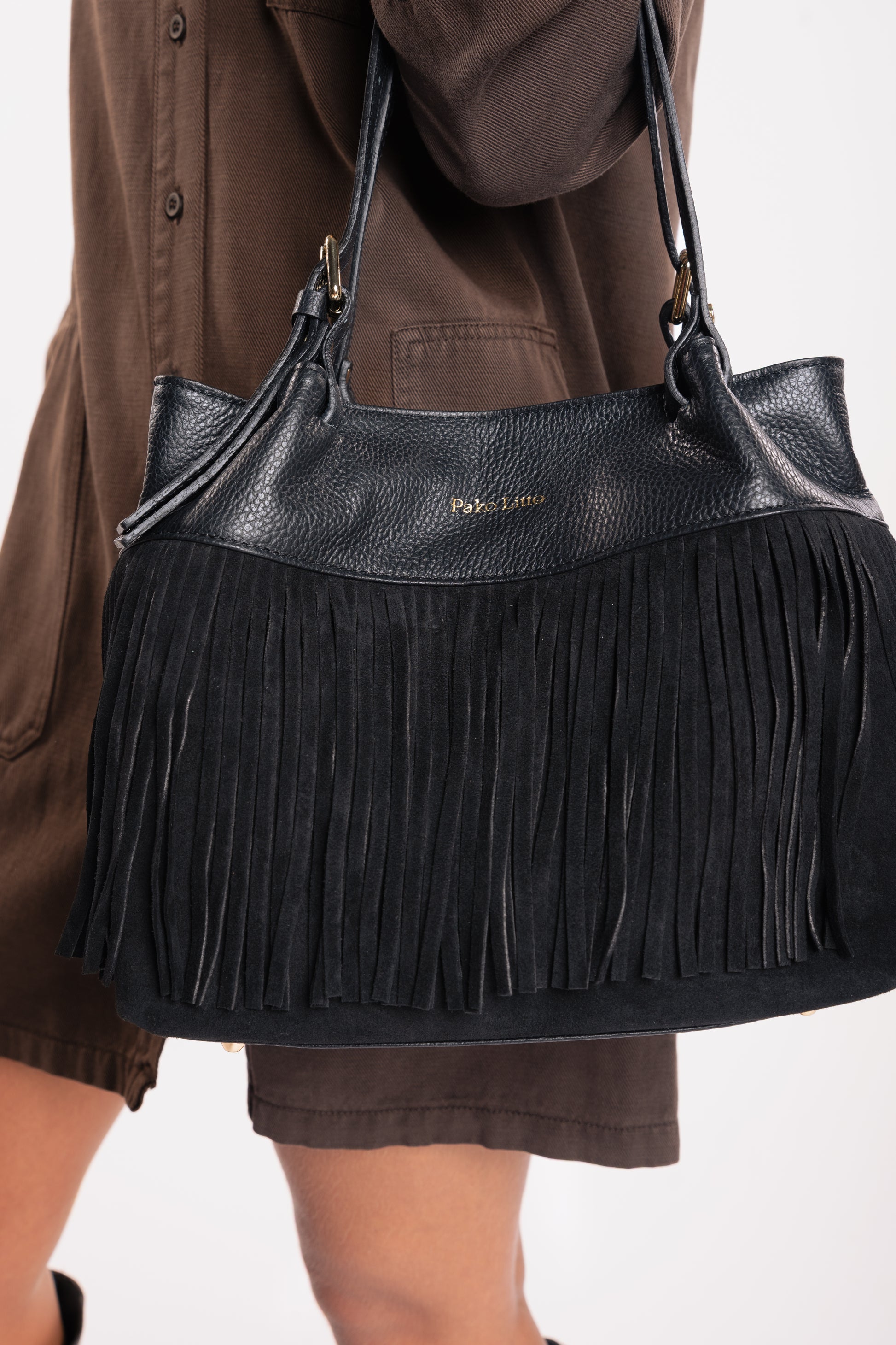 Sac en cuir à franges noir 
