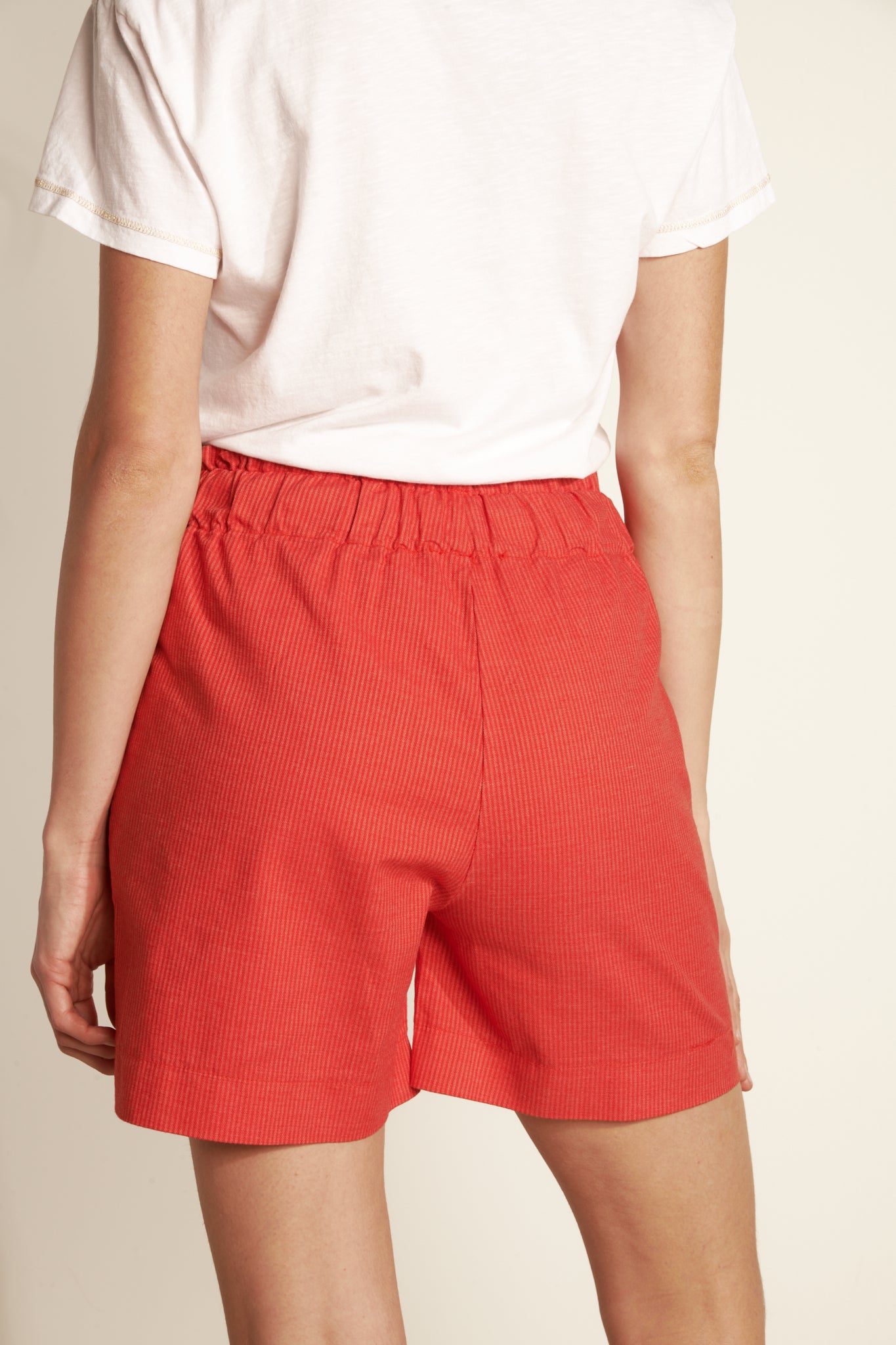 STRIPPED FINE ELASTIC WAIST SHORTS - ORANGEADE