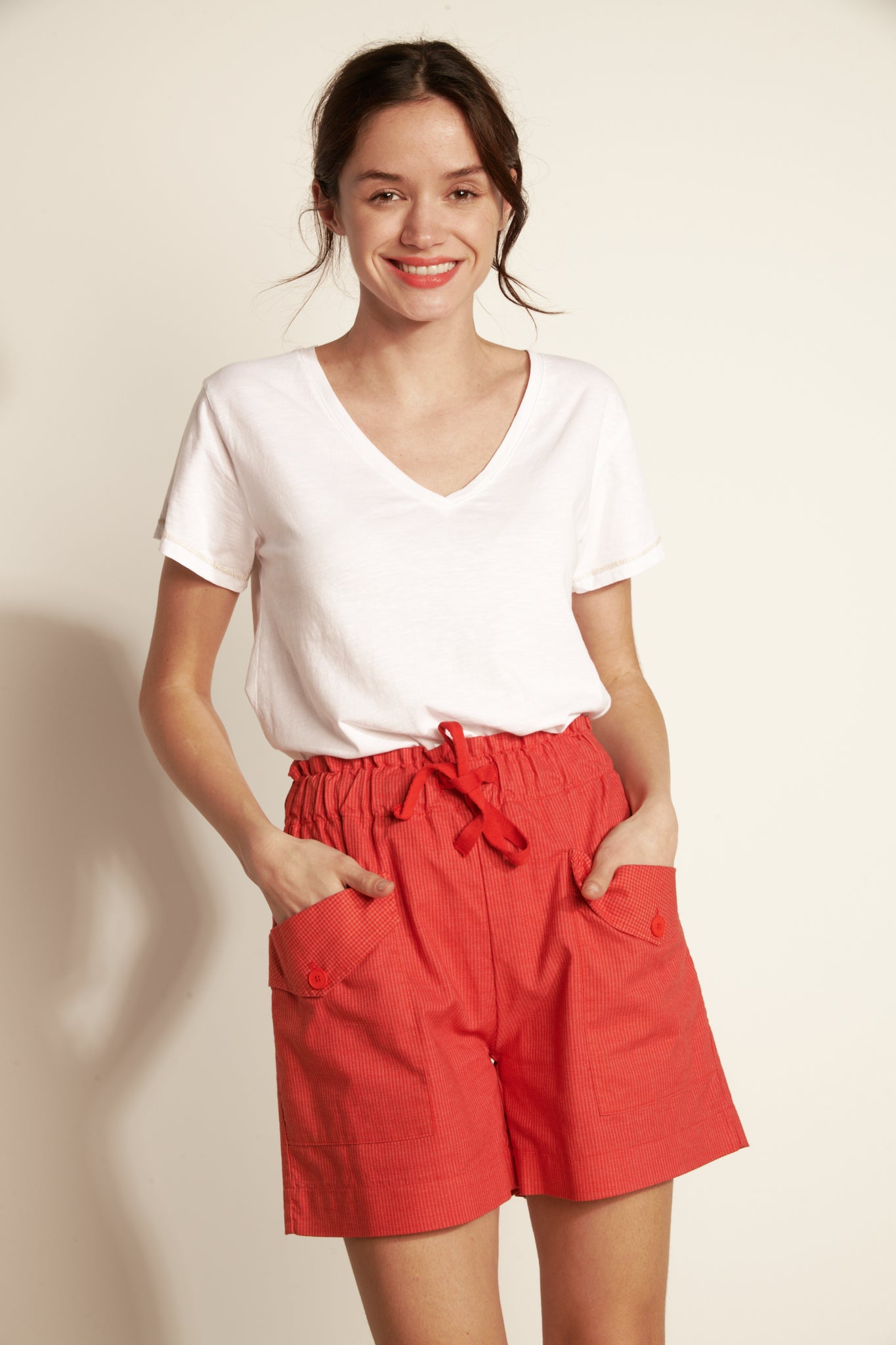 STRIPPED FINE ELASTIC WAIST SHORTS - ORANGEADE
