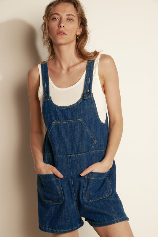 SHORT LIGHT DENIM OVERALLS - DARK DENIM