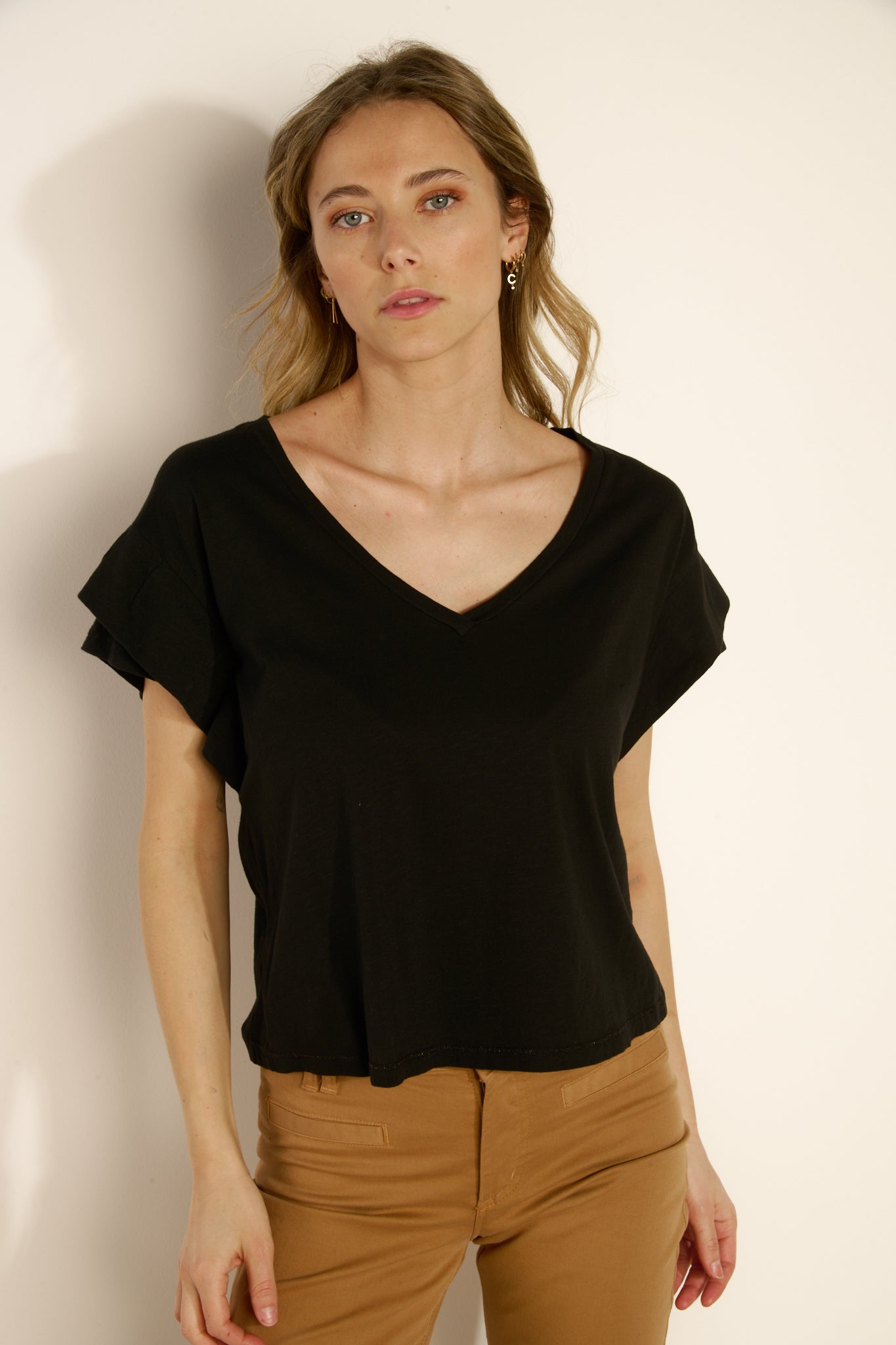 LARGE V NECK DOUBLE SLEEVED MODAL COTTON TOP - BLACK
