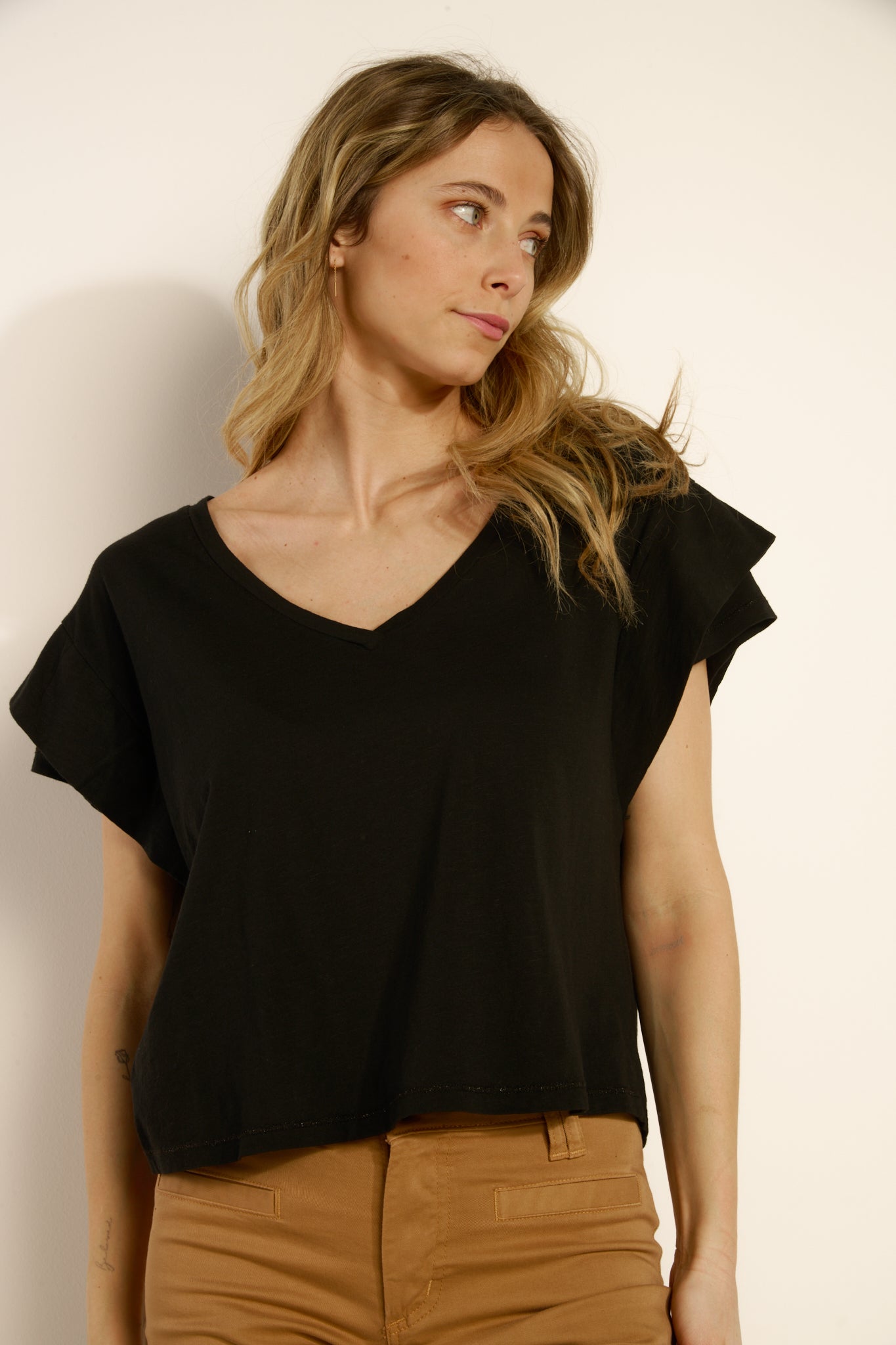 LARGE V NECK DOUBLE SLEEVED MODAL COTTON TOP - BLACK
