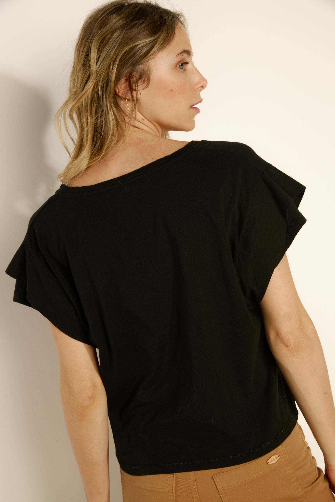 LARGE V NECK DOUBLE SLEEVED MODAL COTTON TOP - BLACK