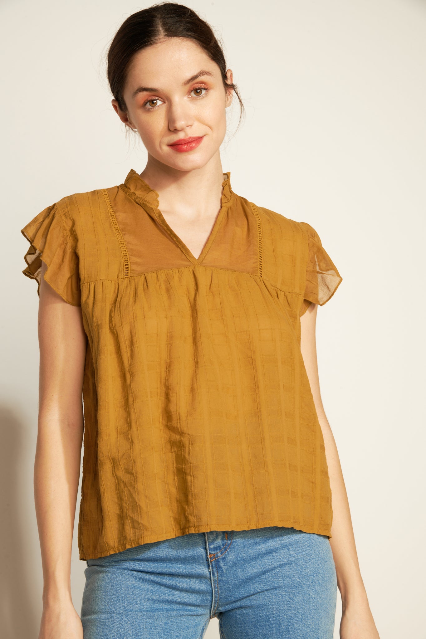 FLYING SLEEVE TOP COTTON VOILE TEXTURE - AMBER