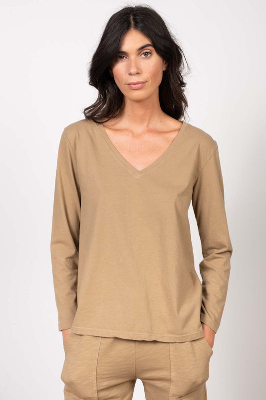 T-SHIRT COL V MANCHES LONGUES FAUSTINE CAMEL