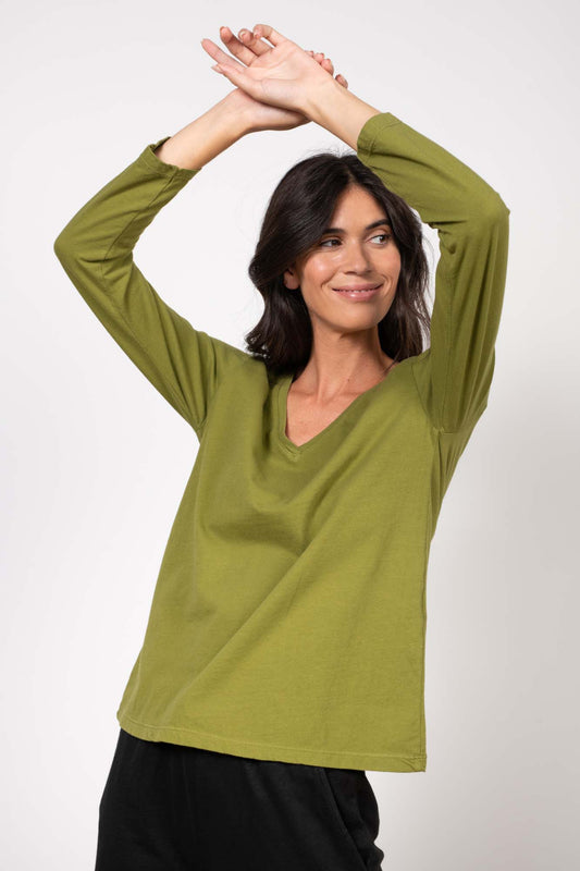 T-SHIRT COL V MANCHES LONGUES FAUSTINE GOLD OLIVE