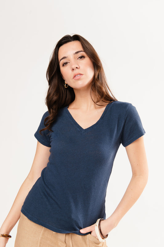 T-SHIRT COL V FRANCINE BLEU