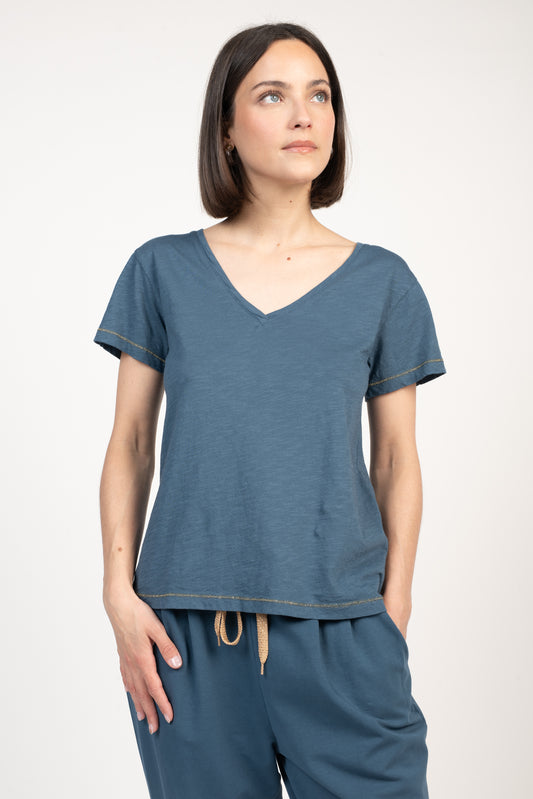 T-SHIRT FLORA COTON MODAL BLEU