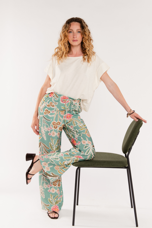 PANTALON À FLEURS FABIO VERT D'EAU