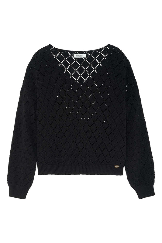 PULL COL V LOSANGE AJOURE ARLO NOIR