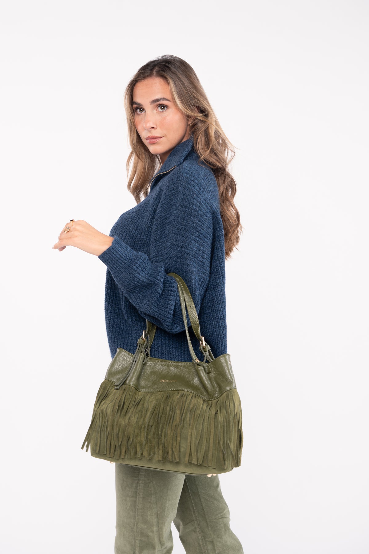 SAC EN CUIR À FRANGES KAKI ÉMERIC