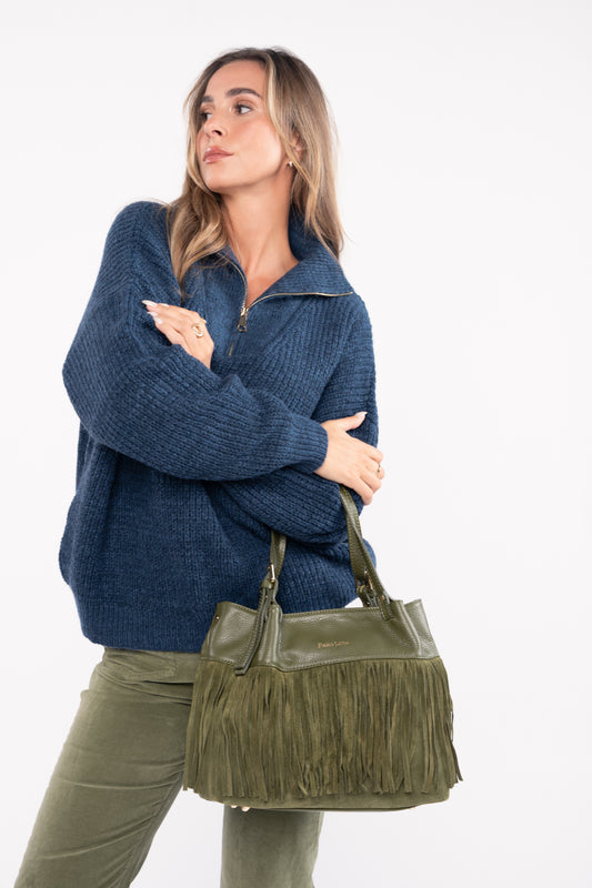 SAC EN CUIR À FRANGES KAKI ÉMERIC