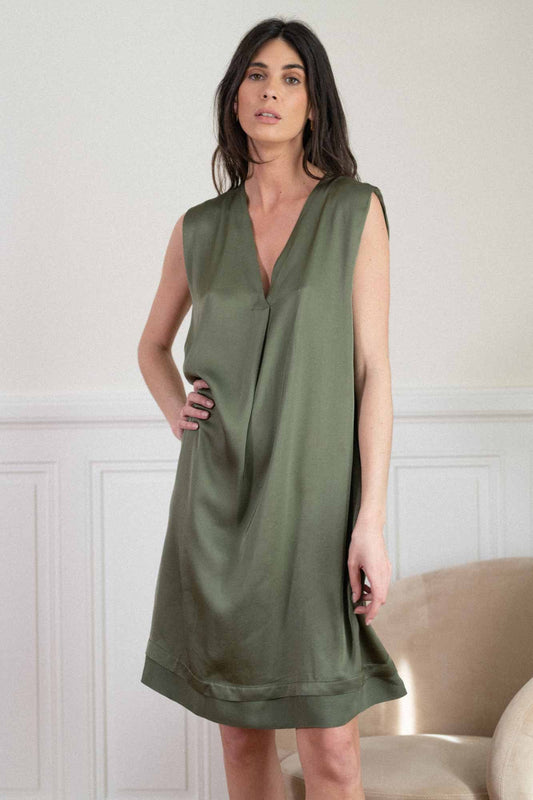 ANASTASYA TWO-MATERIAL KHAKI DRESS