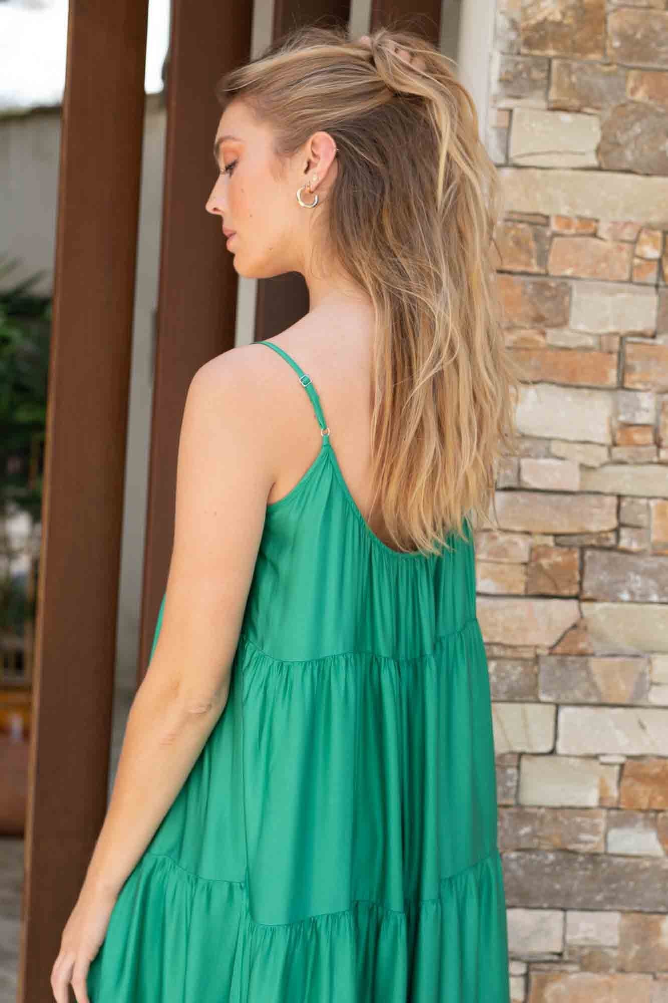 ROBE LONGUE VOLANT GABRIELLA VERT TROPICAL