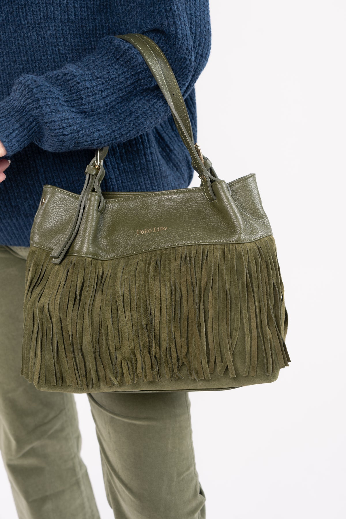 SAC EN CUIR À FRANGES KAKI ÉMERIC
